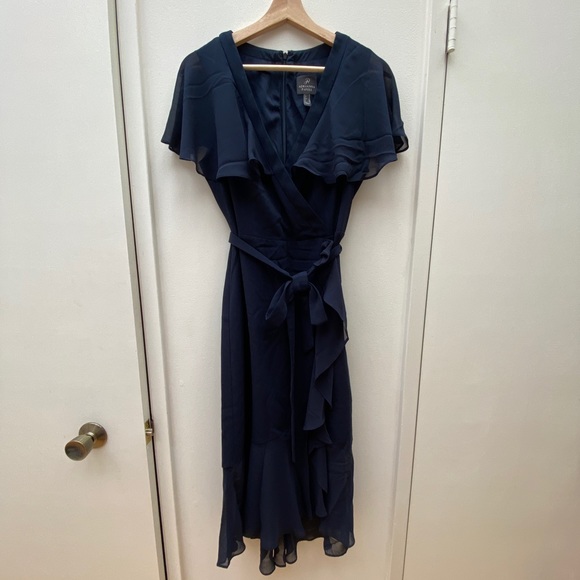 ADRIANA PAPELL Navy Crepe & Chiffon Midi Dress - Picture 5 of 7